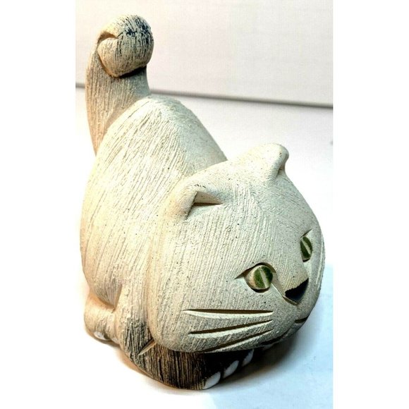 Artesian Rinconada Ambre White Grey Crouching Cat Figurine Uruguay - Picture 2 of 12
